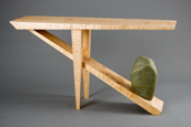 sculptural organic hall table custom made from quilted maple and stone