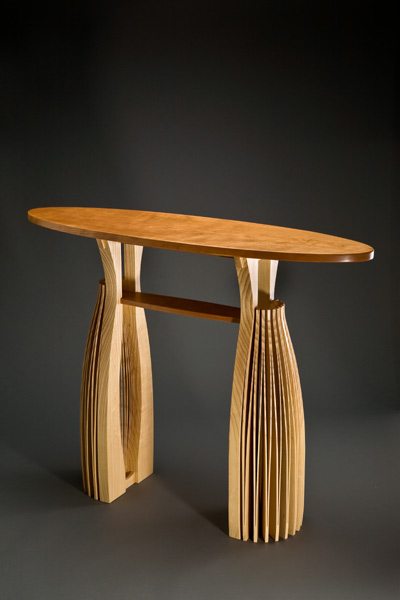 wood console table, custom made sculptural furniture