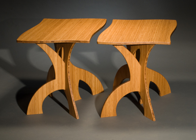 Banyan bamboo side tables in parallel orientation.  Sculptural bases can be made in custom sizes for use as side tables, hall tables, coffee tables or dining tables.