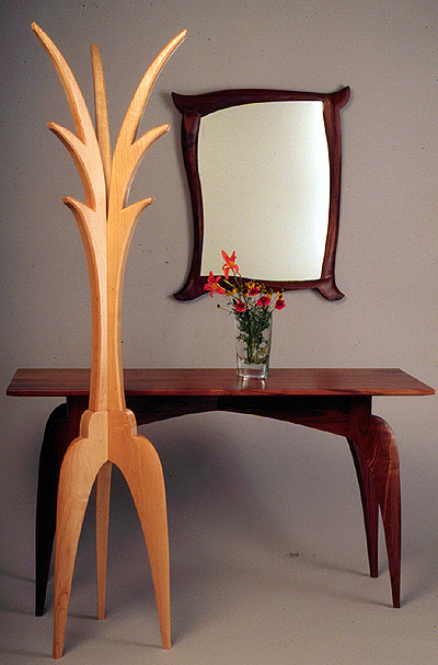 custom contemporary walnut hall table, maple coat rack and walnut mirror