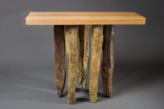 Stone and wood entry, hall table with basalt and ash by Seth Rolland custom furniture design