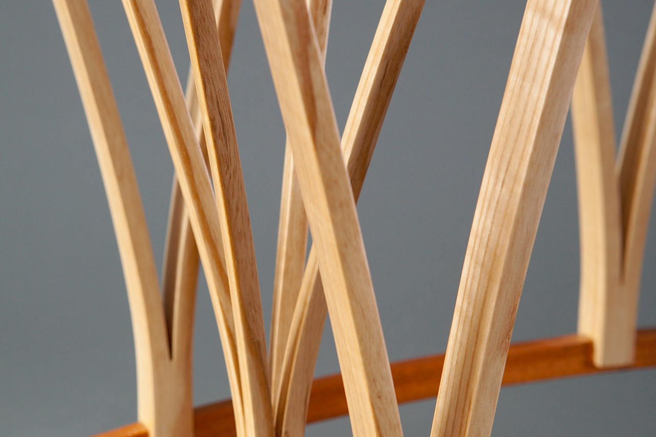 Detail of expanded wood Dreamcatcher hall table console by Seth Rolland custom furniture design