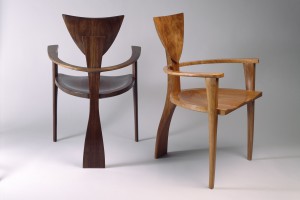 Finback chairs custom made in walnut and cherry with arms for dining or desk by Seth Rolland custom furniture design