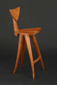 Curved sculpted wood Finback barstool hand carved by Seth Rolland custom furniture design