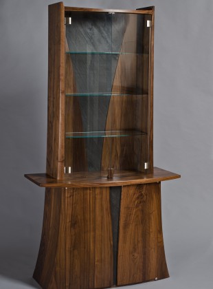 Walnut wood and glass dining room hutch and display cabinet curved with slate by Seth Rolland custom furniture design