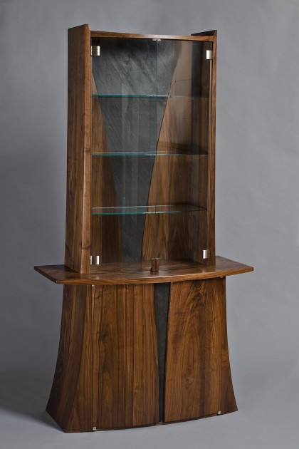 Walnut wood and glass dining room hutch and display cabinet curved with slate by Seth Rolland custom furniture design