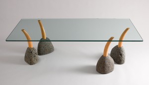 Glass coffee table with modular stone and wood legs, zen garden style by Seth Rolland cis