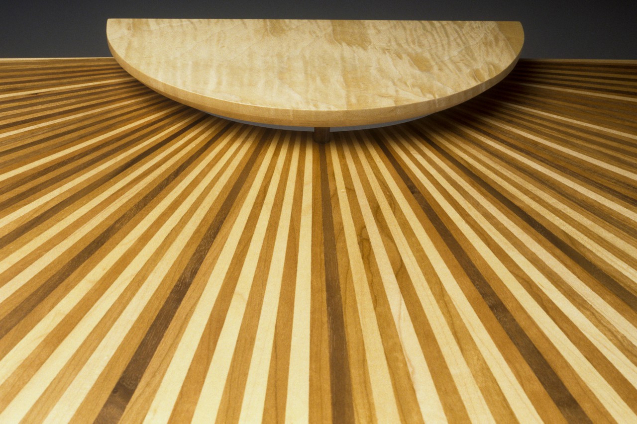 hall table detail of demilune with walnut, cherry and maple wood, handcrafted by Seth Rolland custom furniture design