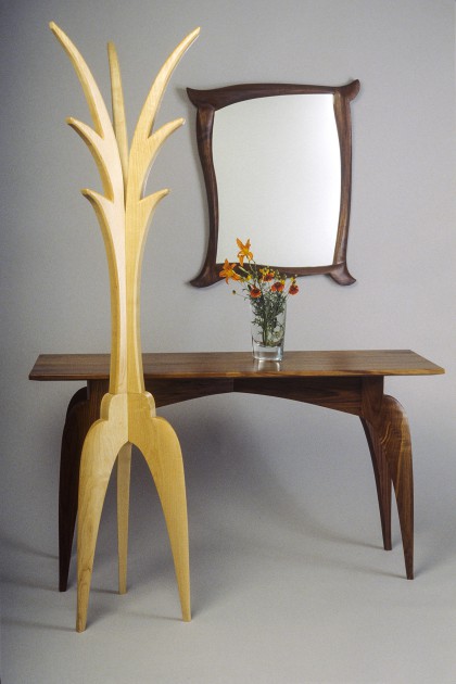 carved wood hall table, coat rack and mirror made in custom sizes by Seth Rolland furniture design