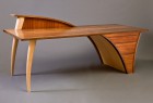 carved, modern wood desk with walnut top and drawers custom made by Seth Rolland studio furniture design