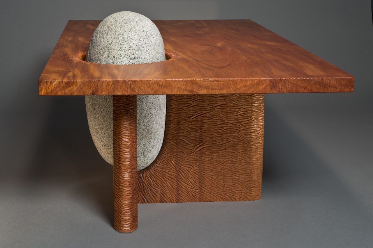 Organic Eddy Coffee Table with hand carved wood and natural stone by Seth Rolland custom furniture