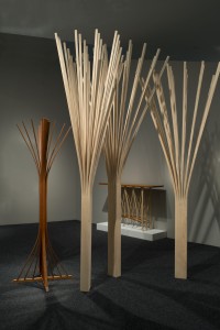 3 wood Ghost trees intersect in a grove. wood sculpture made from ash by Seth Rolland woodworker