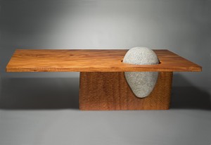 Eddy coffee table made from carved mahogany wood and stone by Seth Rolland Custom Furniture Design art furniture