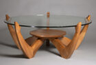 5 leg hand crafted wood coffee table with glass top