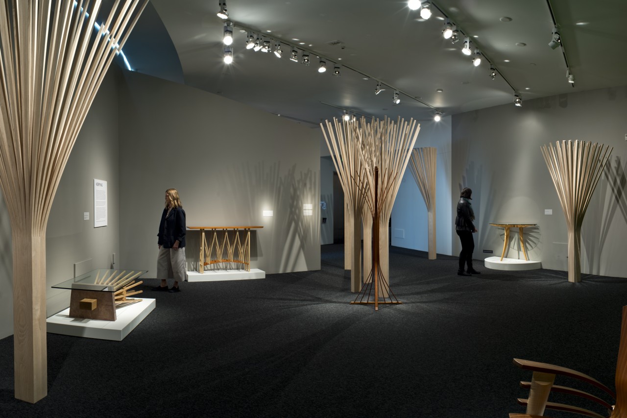 Balance and Tension: the Furniture of Seth Rolland solo show at Bellevue Arts Museum room 1 sculpture and wood furniture